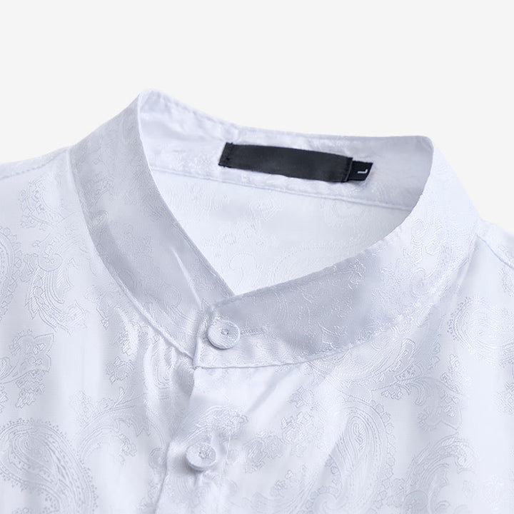Herrenhemd aus dunklem Jacquard-Satin mit Rosenmuster, Stehkragen und langen Ärmeln - image 7