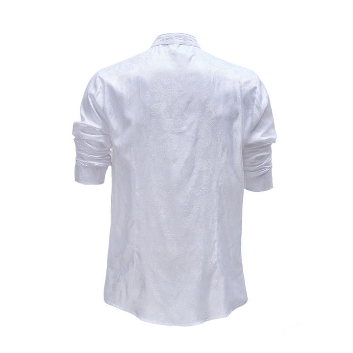 Herrenhemd aus dunklem Jacquard-Satin mit Rosenmuster, Stehkragen und langen Ärmeln - image 5