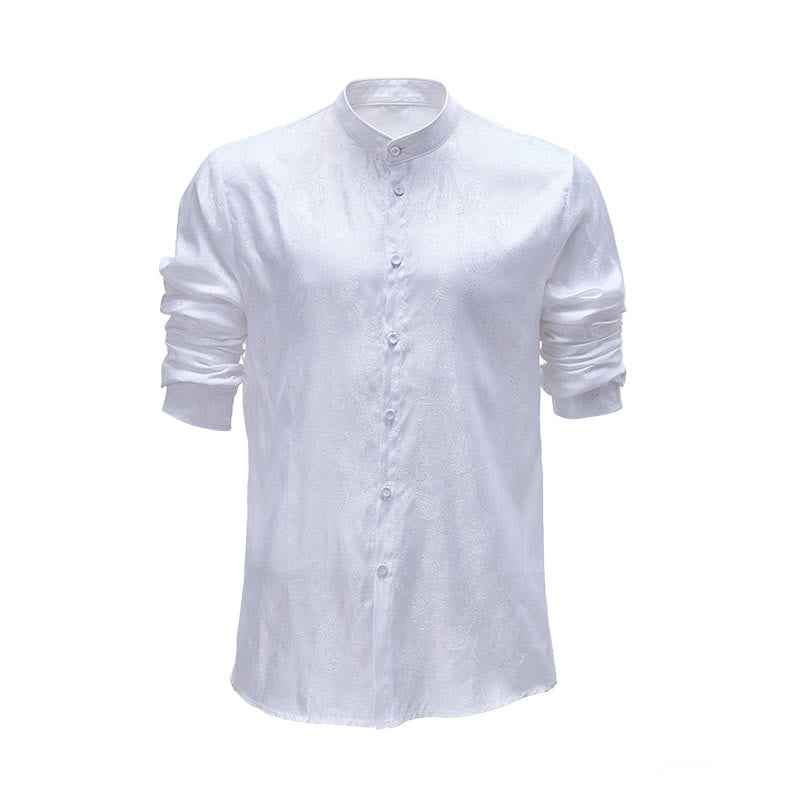 Herrenhemd aus dunklem Jacquard-Satin mit Rosenmuster, Stehkragen und langen Ärmeln - Weiß - 2XL - image 0