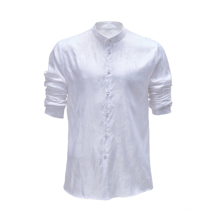 Herrenhemd aus dunklem Jacquard-Satin mit Rosenmuster, Stehkragen und langen Ärmeln - Weiß - 2XL - image 0