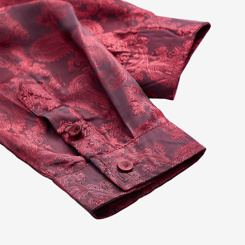 Herrenhemd aus dunklem Jacquard-Satin mit Rosenmuster, Stehkragen und langen Ärmeln - image 22