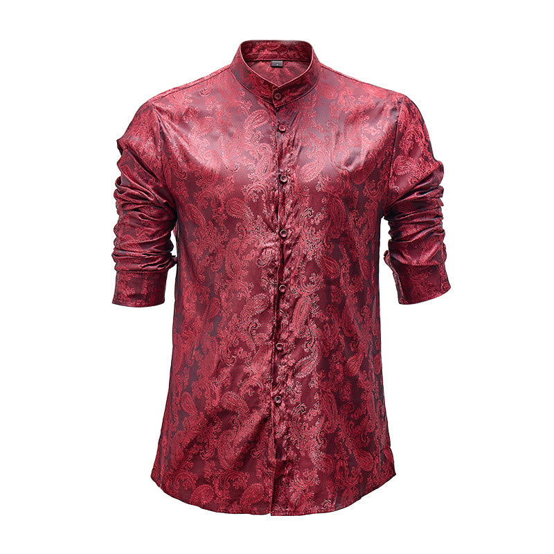 Herrenhemd aus dunklem Jacquard-Satin mit Rosenmuster, Stehkragen und langen Ärmeln - Rot - 2XL - image 5