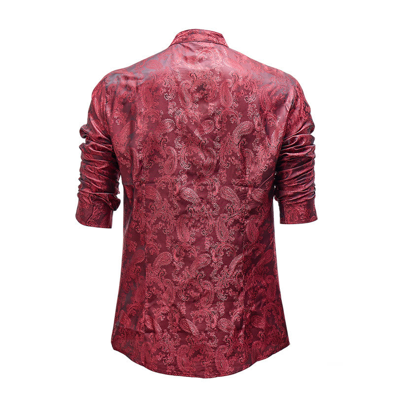 Herrenhemd aus dunklem Jacquard-Satin mit Rosenmuster, Stehkragen und langen Ärmeln - image 18