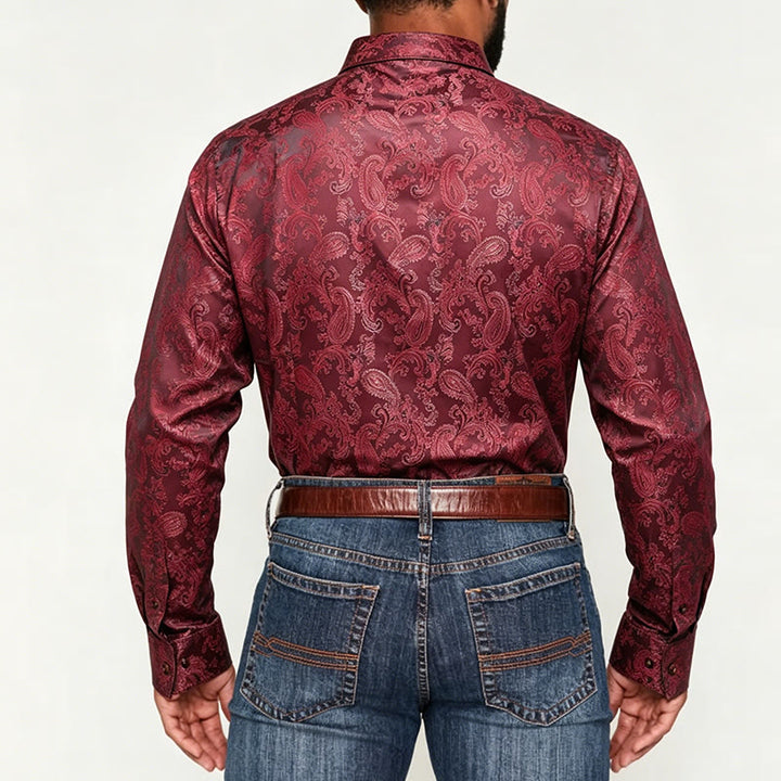 Herrenhemd aus dunklem Jacquard-Satin mit Rosenmuster, Stehkragen und langen Ärmeln - image 8