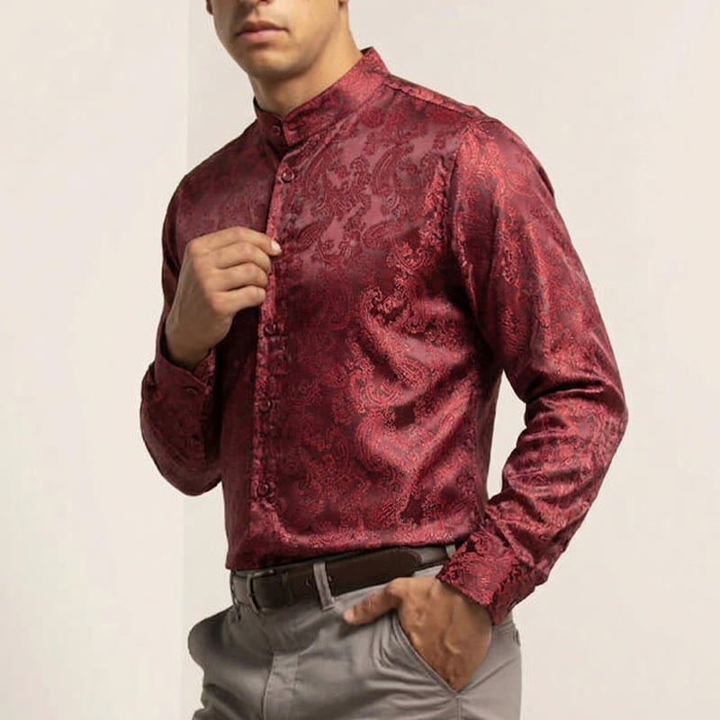 Herrenhemd aus dunklem Jacquard-Satin mit Rosenmuster, Stehkragen und langen Ärmeln - image 7