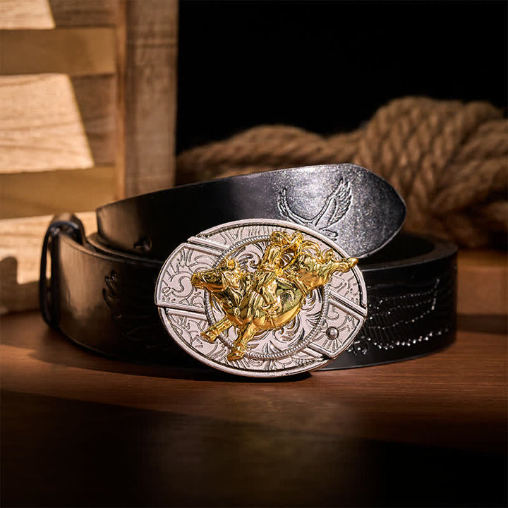 Ledergürtel mit auffälliger silber-goldener Bronc-Rider-DIY-Schnalle und verstecktem Klappmesser - Bronc-Reiter - Schwarzer Gürtel mit Adlerprägung - 42 - image 2