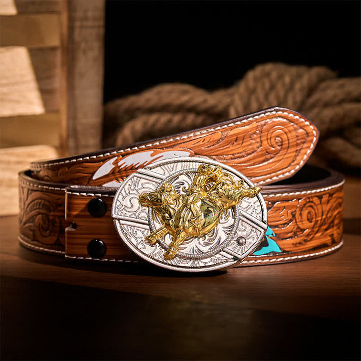 Ledergürtel mit auffälliger silber-goldener Bronc-Rider-DIY-Schnalle und verstecktem Klappmesser - Bronc-Reiter - Brauner Federgürtel - 40 - image 7