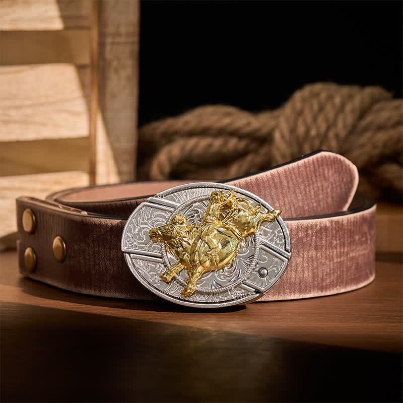 Ledergürtel mit auffälliger silber-goldener Bronc-Rider-DIY-Schnalle und verstecktem Klappmesser - Bronc-Reiter - Brauner, abgenutzter Gürtel - 42 - image 5
