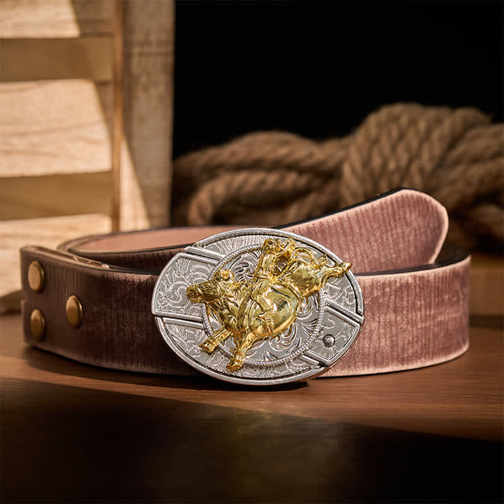 Ledergürtel mit auffälliger silber-goldener Bronc-Rider-DIY-Schnalle und verstecktem Klappmesser - Bronc-Reiter - Brauner, abgenutzter Gürtel - 42 - image 5