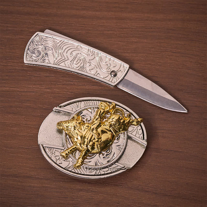 Ledergürtel mit auffälliger silber-goldener Bronc-Rider-DIY-Schnalle und verstecktem Klappmesser - image 1
