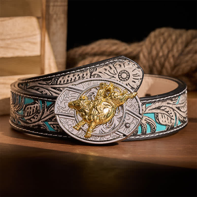 Ledergürtel mit auffälliger silber-goldener Bronc-Rider-DIY-Schnalle und verstecktem Klappmesser - Bronc-Reiter - Grauer Gürtel mit Blumenmuster - 42 - image 8