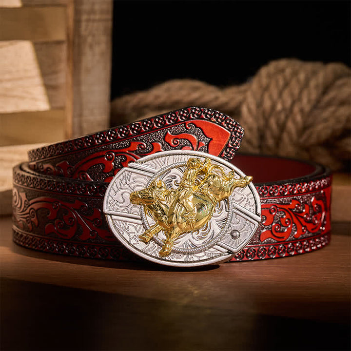 Ledergürtel mit auffälliger silber-goldener Bronc-Rider-DIY-Schnalle und verstecktem Klappmesser - Bronc-Reiter - Brauner geschnitzter Gürtel - 42 - image 6