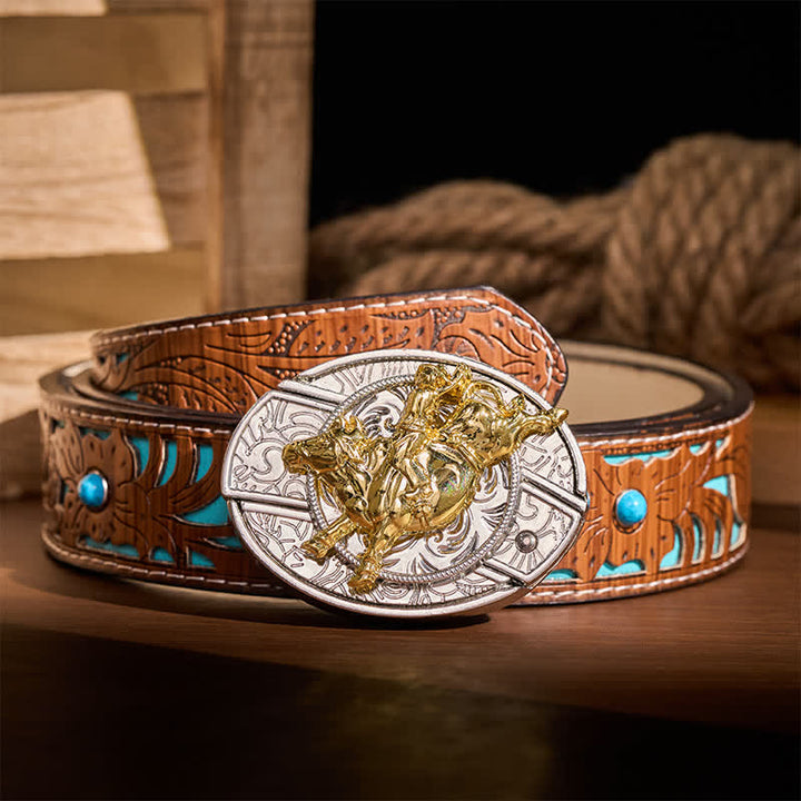Ledergürtel mit auffälliger silber-goldener Bronc-Rider-DIY-Schnalle und verstecktem Klappmesser - Bronc-Reiter - Türkisfarbener, geschnitzter Gürtel - 42 - image 3