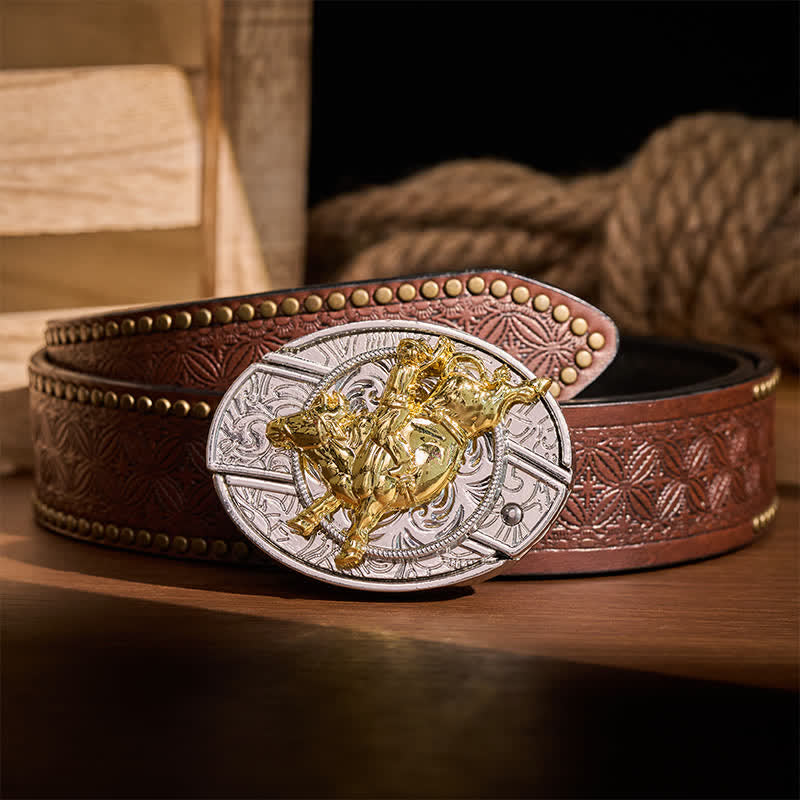 Ledergürtel mit auffälliger silber-goldener Bronc-Rider-DIY-Schnalle und verstecktem Klappmesser - Bronc-Reiter - Brauner Nietgürtel - 42 - image 4
