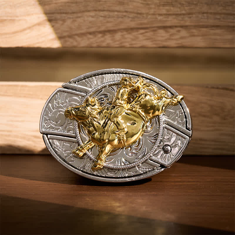 Ledergürtel mit auffälliger silber-goldener Bronc-Rider-DIY-Schnalle und verstecktem Klappmesser - Bronc-Reiter - Ohne Gürtel - Nicht im Lieferumfang enthalten: Gürtel - image 0
