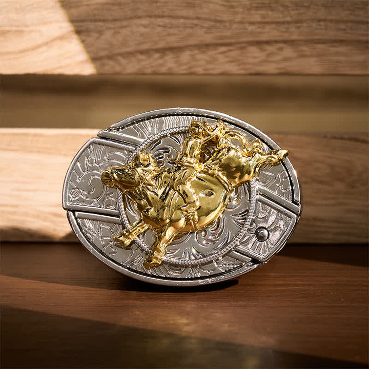 Ledergürtel mit auffälliger silber-goldener Bronc-Rider-DIY-Schnalle und verstecktem Klappmesser - Bronc-Reiter - Ohne Gürtel - Nicht im Lieferumfang enthalten: Gürtel - image 0