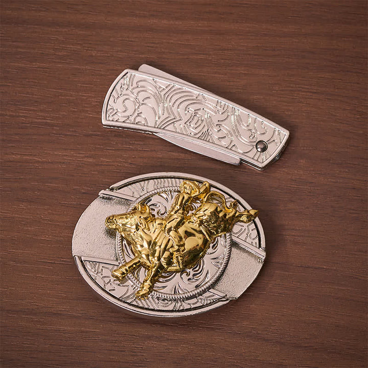 Ledergürtel mit auffälliger silber-goldener Bronc-Rider-DIY-Schnalle und verstecktem Klappmesser - image 10
