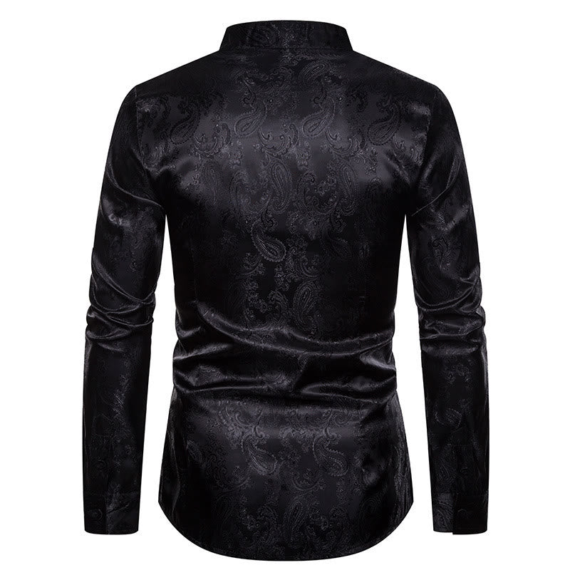 Herrenhemd aus dunklem Jacquard-Satin mit Rosenmuster, Stehkragen und langen Ärmeln - image 11