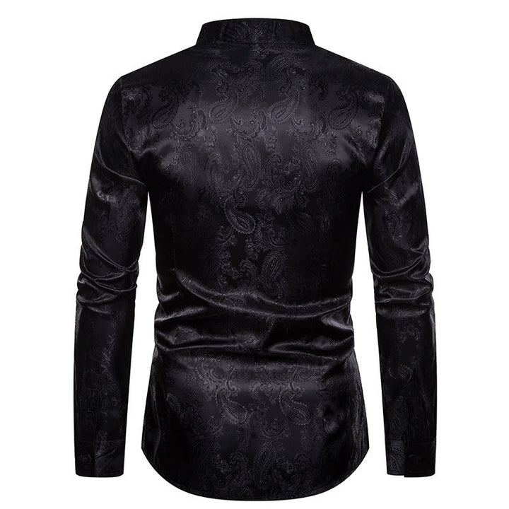 Herrenhemd aus dunklem Jacquard-Satin mit Rosenmuster, Stehkragen und langen Ärmeln - image 11