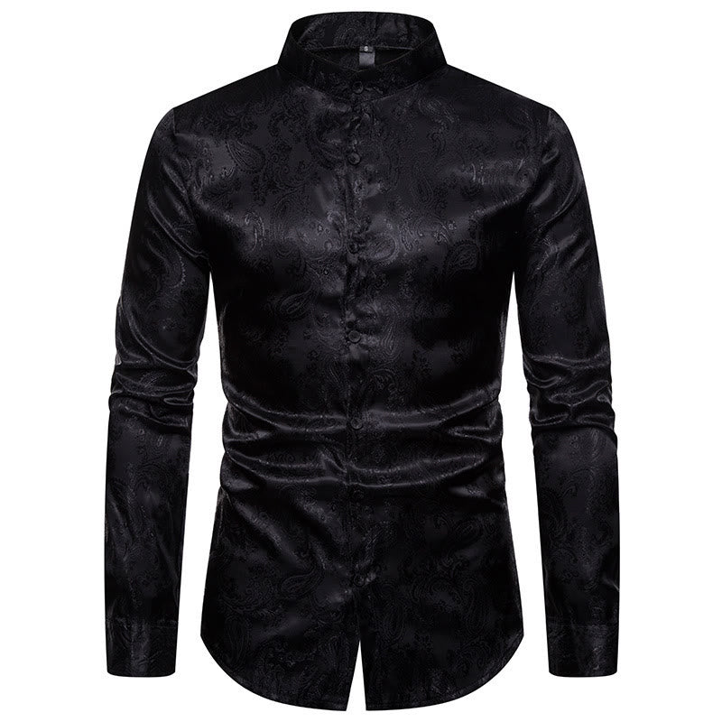 Herrenhemd aus dunklem Jacquard-Satin mit Rosenmuster, Stehkragen und langen Ärmeln - Schwarz - 2XL - image 9