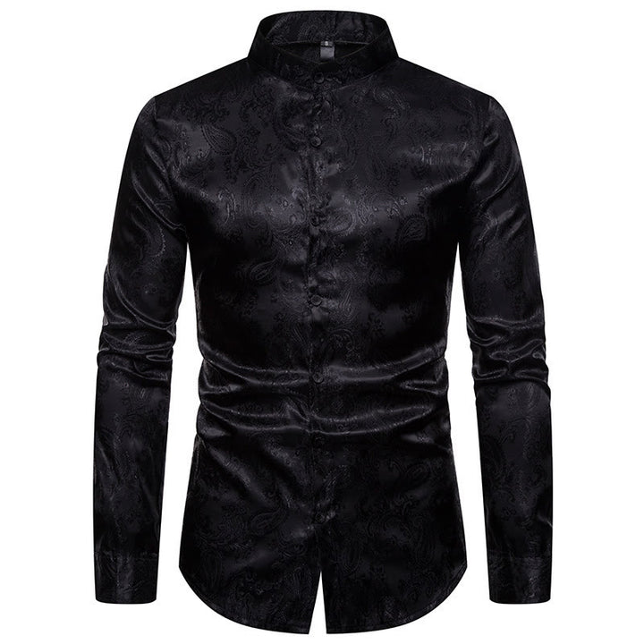 Herrenhemd aus dunklem Jacquard-Satin mit Rosenmuster, Stehkragen und langen Ärmeln - Schwarz - 2XL - image 9