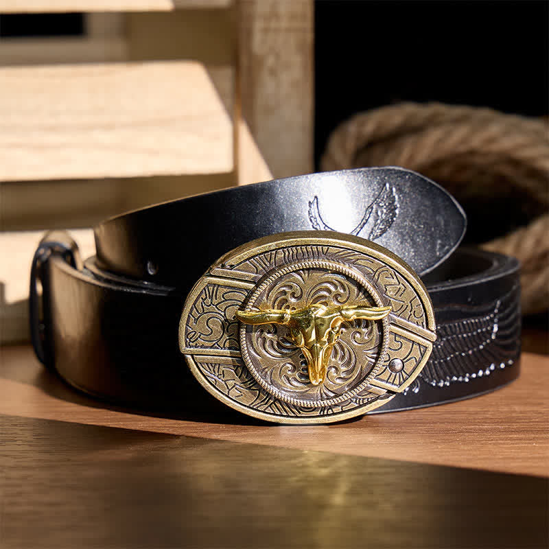 Zweifarbiger Ledergürtel mit Bullenmotiv, DIY-Versteckmesserschnalle in Gold und Bronze - Stierkopf - Schwarzer Gürtel mit Adlerprägung - 42 - image 2