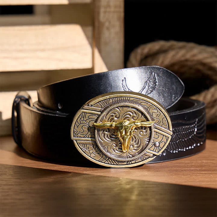 Zweifarbiger Ledergürtel mit Bullenmotiv, DIY-Versteckmesserschnalle in Gold und Bronze - Stierkopf - Schwarzer Gürtel mit Adlerprägung - 42 - image 2