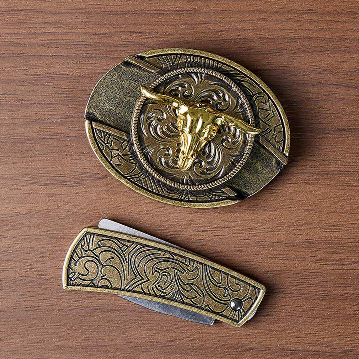 Zweifarbiger Ledergürtel mit Bullenmotiv, DIY-Versteckmesserschnalle in Gold und Bronze - image 9