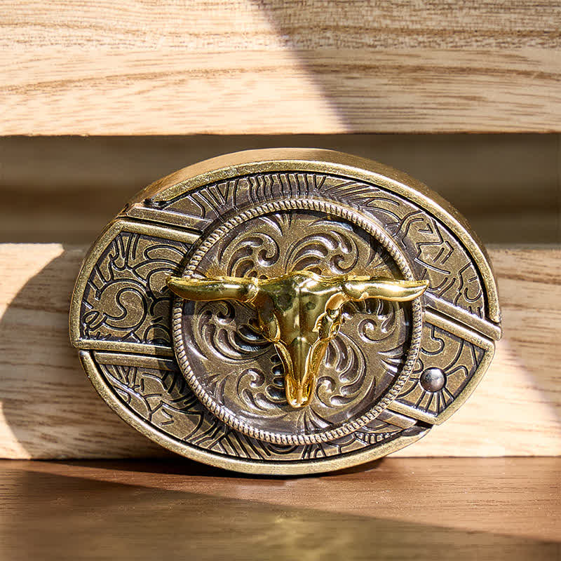 Zweifarbiger Ledergürtel mit Bullenmotiv, DIY-Versteckmesserschnalle in Gold und Bronze - Stierkopf - Ohne Gürtel - Nicht im Lieferumfang enthalten: Gürtel - image 0