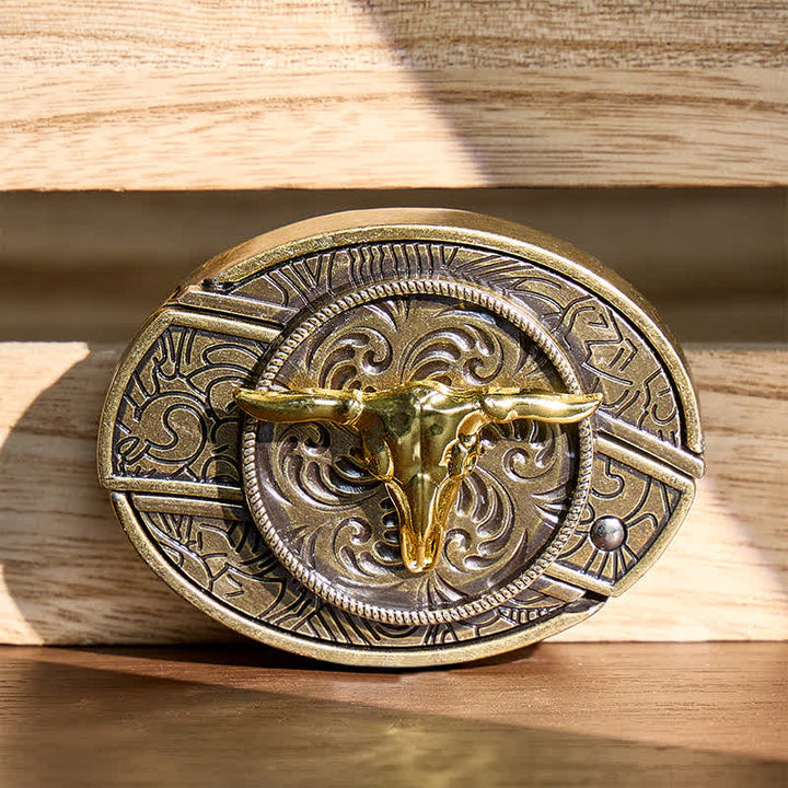 Zweifarbiger Ledergürtel mit Bullenmotiv, DIY-Versteckmesserschnalle in Gold und Bronze - Stierkopf - Ohne Gürtel - Nicht im Lieferumfang enthalten: Gürtel - image 0