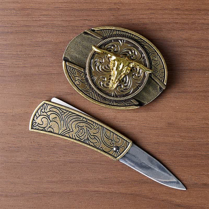 Zweifarbiger Ledergürtel mit Bullenmotiv, DIY-Versteckmesserschnalle in Gold und Bronze - image 1