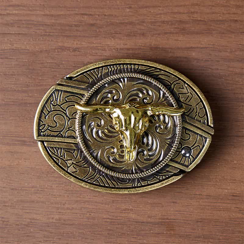 Zweifarbiger Ledergürtel mit Bullenmotiv, DIY-Versteckmesserschnalle in Gold und Bronze - image 10