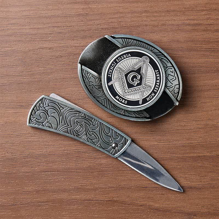 Schwarzer Emaille-Freimaurer-Symbol-DIY-Versteckte-Klappmesser-Schnalle-Ledergürtel - image 1
