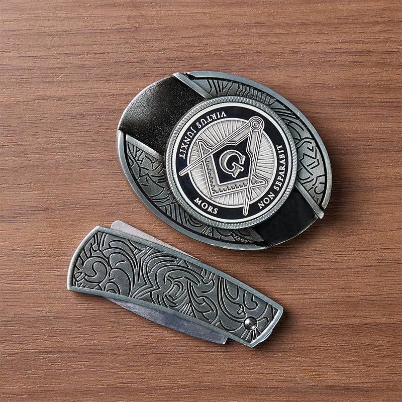 Schwarzer Emaille-Freimaurer-Symbol-DIY-Versteckte-Klappmesser-Schnalle-Ledergürtel - image 10