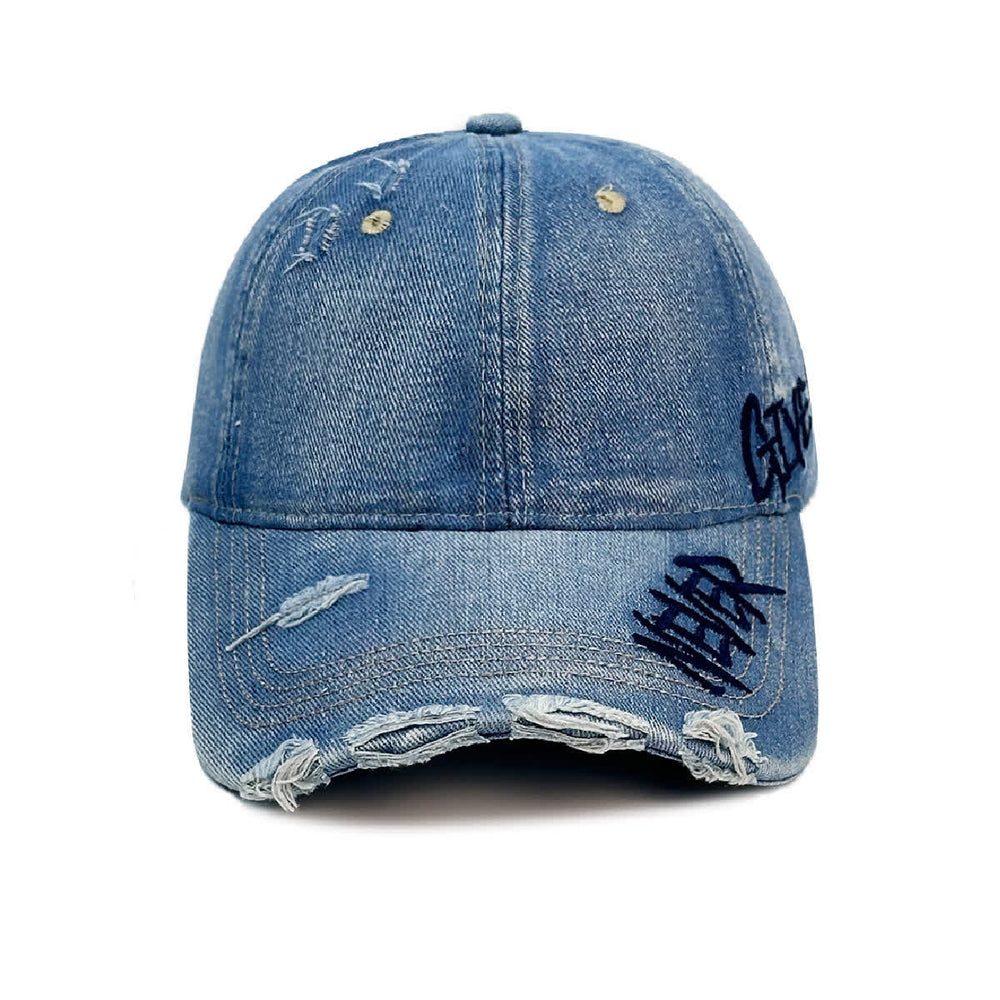 Never Give Up Stickerei Baseballkappe aus verwaschenem Denim - image 1