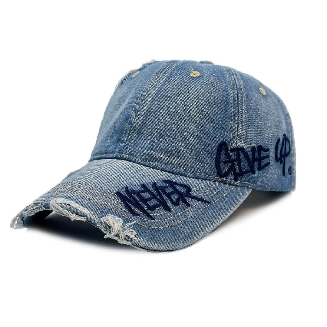 Never Give Up Stickerei Baseballkappe aus verwaschenem Denim - Blau - Verstellbar (21 5/8"-23 5/8") - image 0