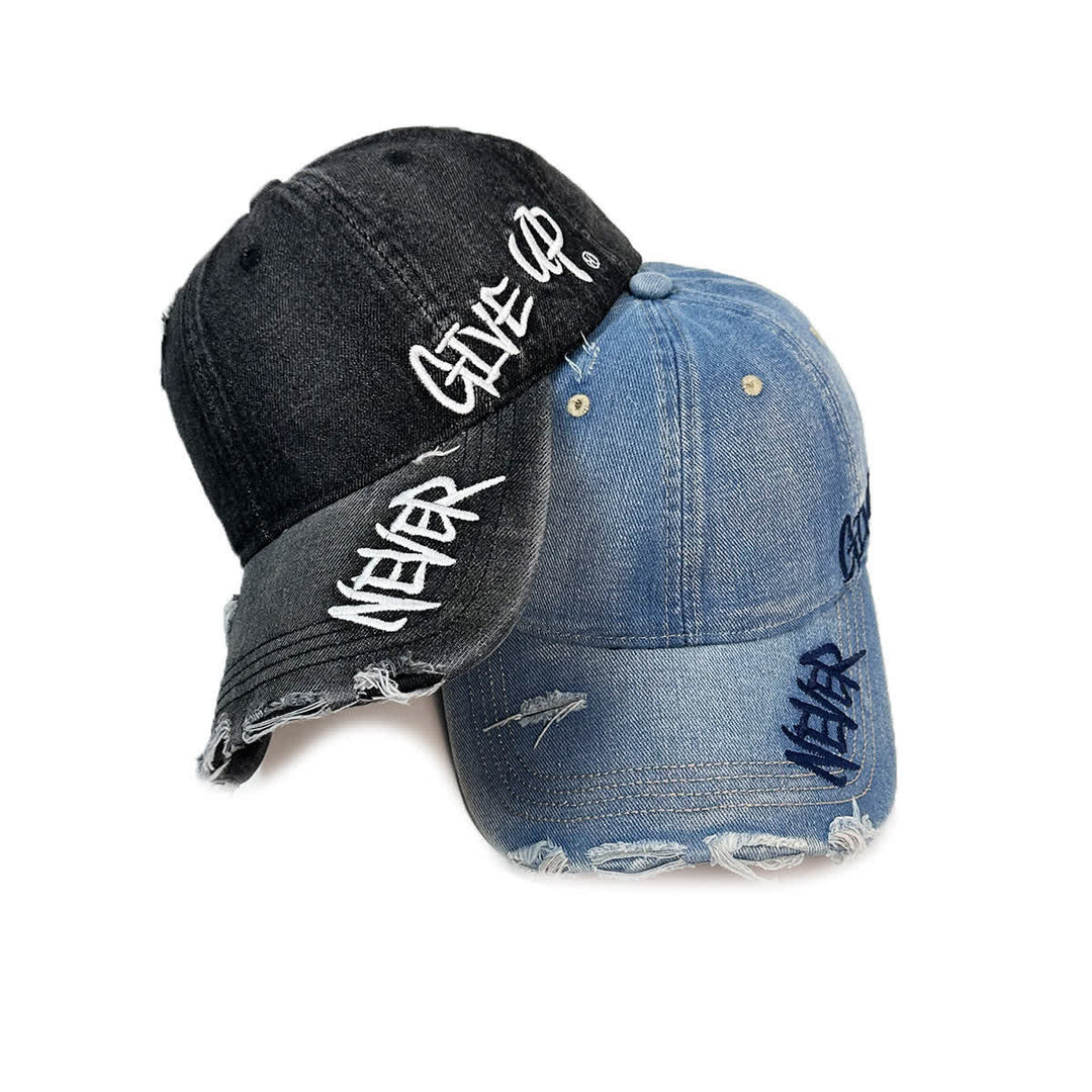 Never Give Up Stickerei Baseballkappe aus verwaschenem Denim - image 3