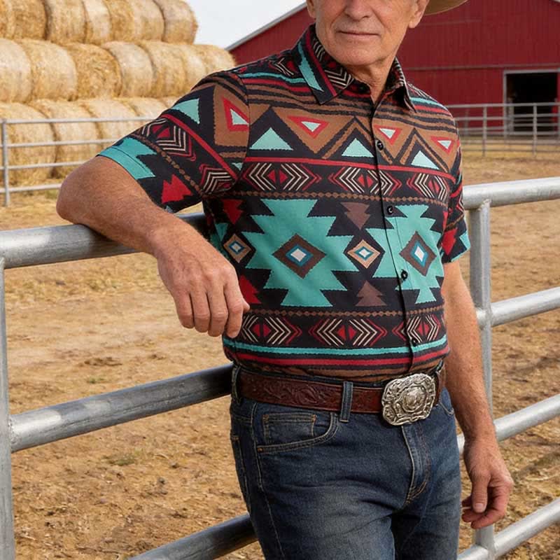 Herren-Retro-Westernhemd mit aztekischem geometrischem Print im Südwest-Stil - Türkis - 5XL - image 0