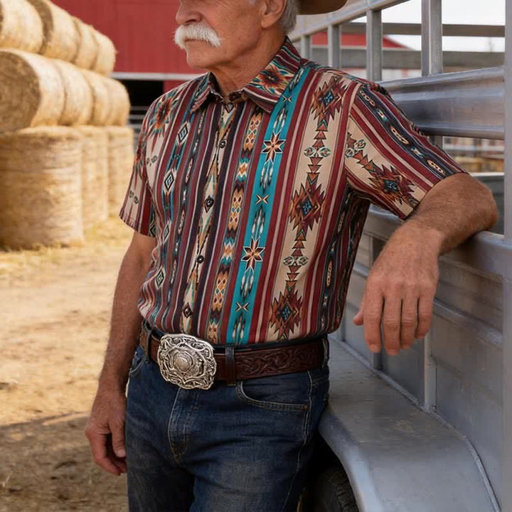 Westernhemd für Herren mit terrakottafarbenem Aztekenstreifenmuster - Terrakotta - 5XL - image 0