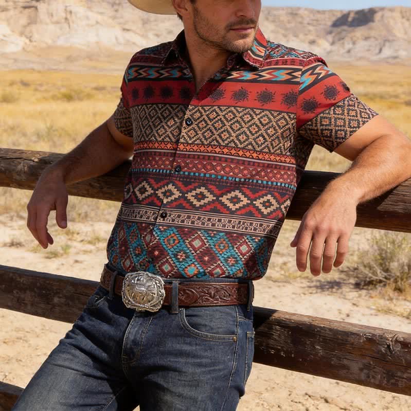 Herrenhemd im Westernstil mit kräftigem roten Aztekenstreifenmuster - Rot - 5XL - image 0