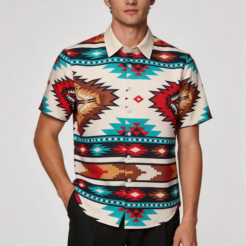 Herren-Freizeithemd im Western-Stil mit Aztekenmuster in Creme und Türkis - image 1