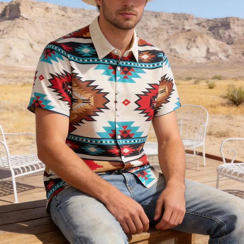Herren-Freizeithemd im Western-Stil mit Aztekenmuster in Creme und Türkis - Creme & Türkis - 4XL - image 0