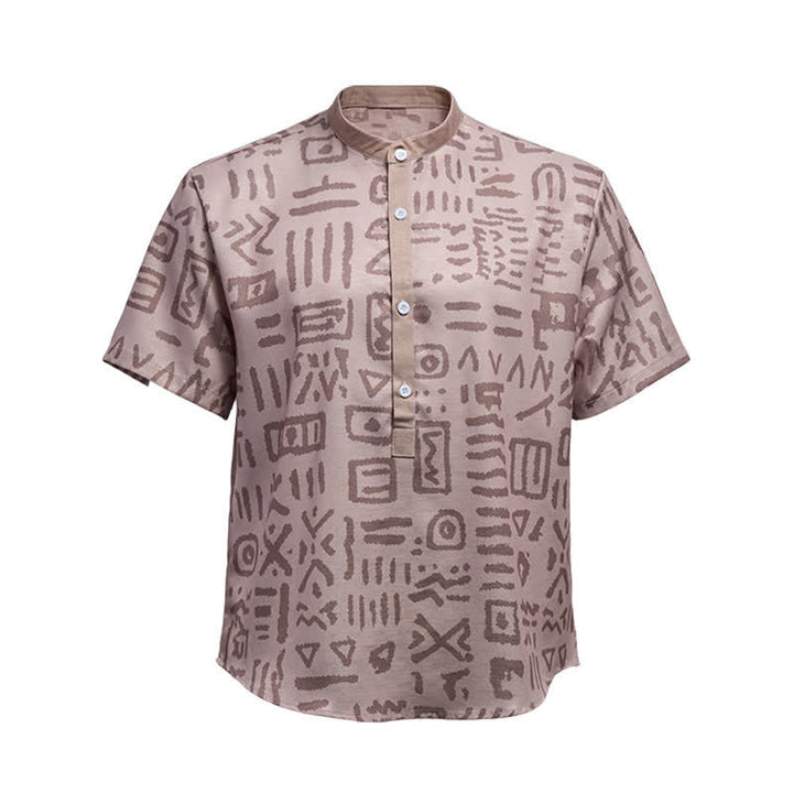Herrenhemd mit Ethno-Stil und Stammesmotiven in Taupe-Beige - image 9