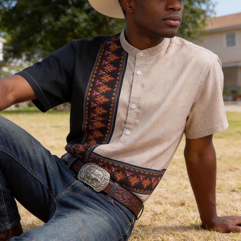 Herrenhemd im Ethno-Stil mit asymmetrischem Tribal-Print aus Leinenmischung - Beige & Schwarz - 5XL - image 0