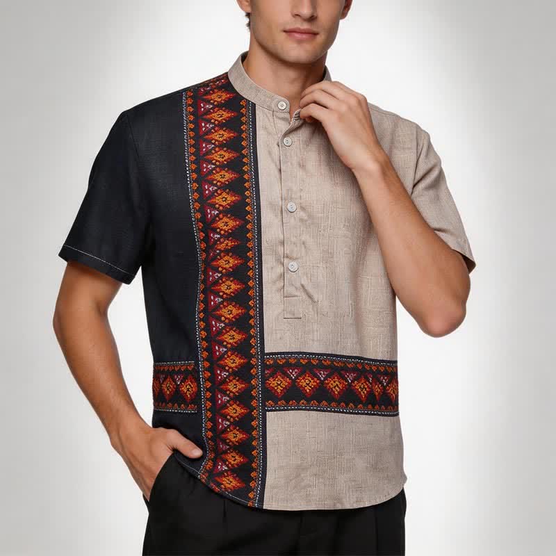 Herrenhemd im Ethno-Stil mit asymmetrischem Tribal-Print aus Leinenmischung - image 1