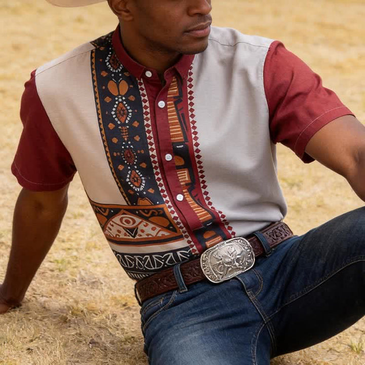Herren-Sommerhemd im Ethno-Stil mit Patchwork-Muster, inspiriert vom Südwesten der USA - Terrakotta-Rot - 5XL - image 0