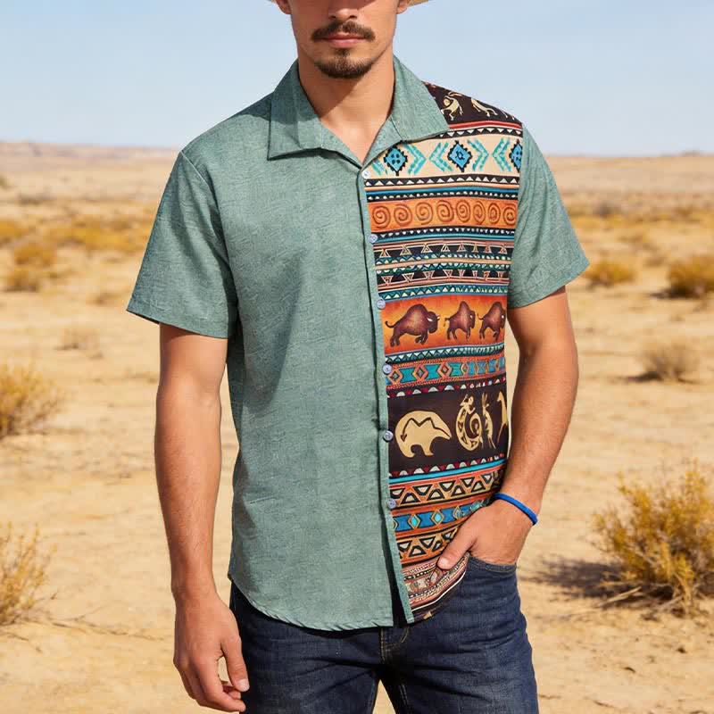 Herren-Hemd mit Wüsten-Petroglyphen-Bison-Split-Print - Armeegrün - 5XL - image 0
