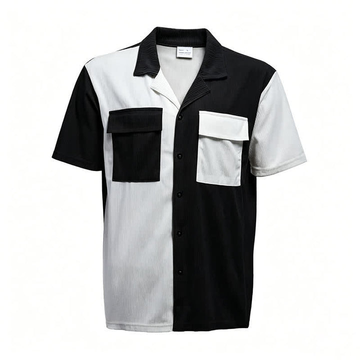 Zweifarbiges Herren-Cordhemd mit kurzen Ärmeln und Farbblockmuster - Schwarz - 3XL - image 4