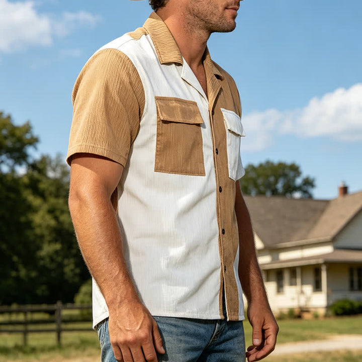 Zweifarbiges Herren-Cordhemd mit kurzen Ärmeln und Farbblockmuster - Khaki - 3XL - image 2