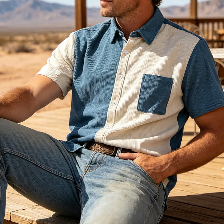 Herren-Cordhemd in Blau und Weiß mit zweifarbigem Blockmuster - Blau & Weiß - 2XL - image 0